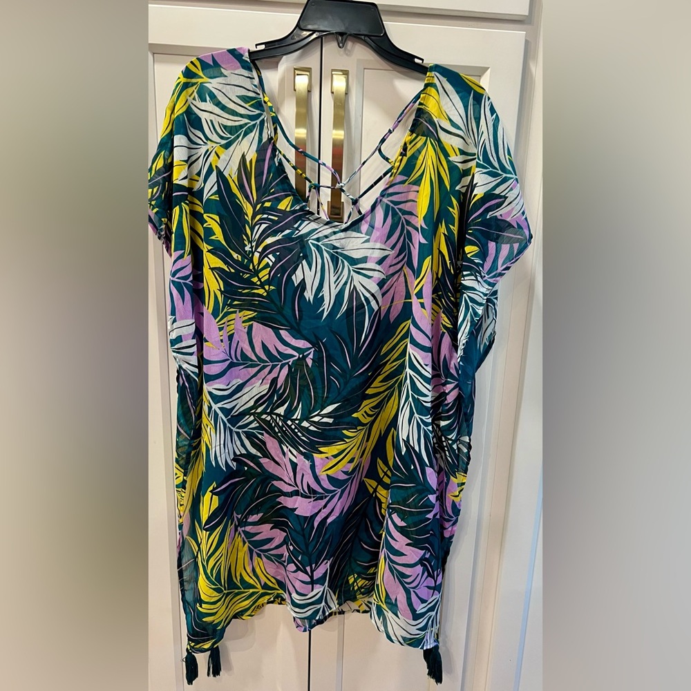 Women’s M/L. Swim Cover-Up — Tropical Leaves Print, Teal Multicolor, shear.  B6